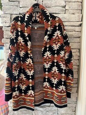 Lucky Brand Black & Rust Aztec Shawl Collar Cardigan